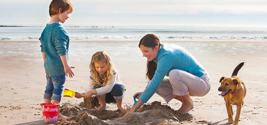 Family walking dog on beach